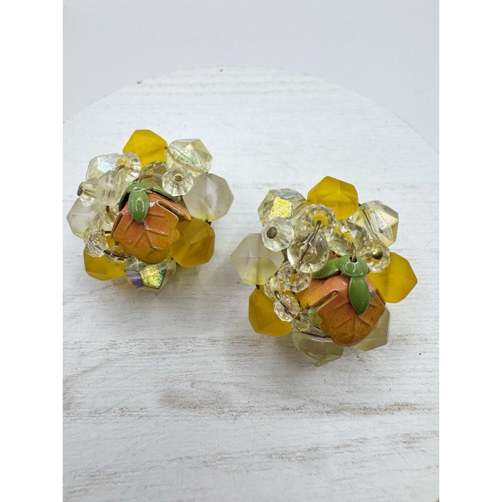 West Germany Clip On Earrings Bead Cluster Enamel Flower Frosted Yellow Orange